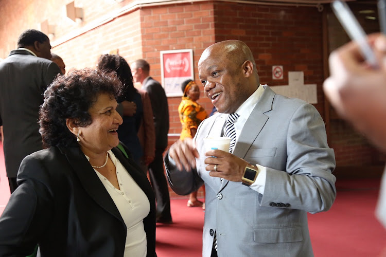 November 30, 2017. ANC deputy Secretary general Jessie Duarte speaks to KzN AMC Chairperson Sihle Zikalala outside the High Court in PMB where the PEC were applying for leave to appeal the judgement against them.