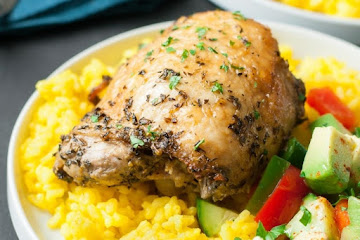 Crispy Baked Chicken Thighs with Garlic Turmeric Rice