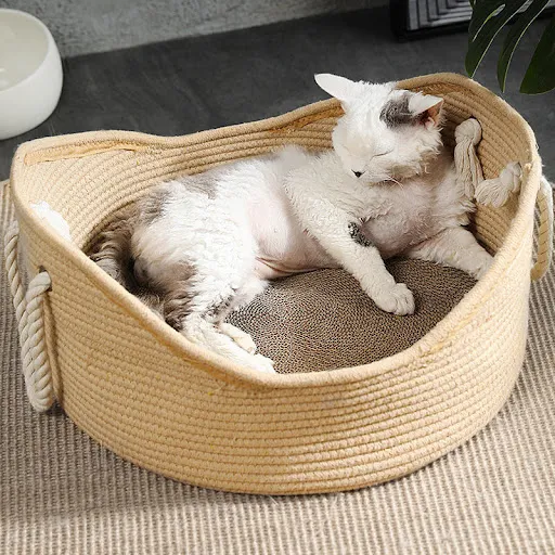 MADDEN Handcrafted Rattan Cat Bed Puppy Kennel Woven Summer Cool Nest for Cat Kitten Scratching Sleeping Mat Cat Lounger