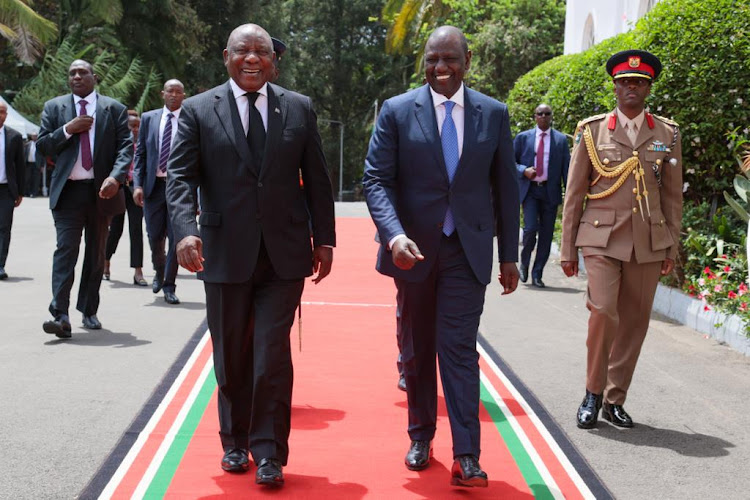 Presidents William Ruto and Cyril Ramaphosa in State House, Nairobi during Ramaphosa's official visit