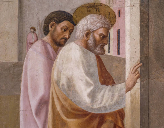 Masolino, Resurrezione di Tabita (particolare, San Pietro di profilo riporta in vita una donna cristiana di nome Tabitha con un semplice movimento delle mani, sotto gli occhi attenti di uno spettatore), affresco nella Cappella Brancacci, Santa Maria del Carmine, Firenze