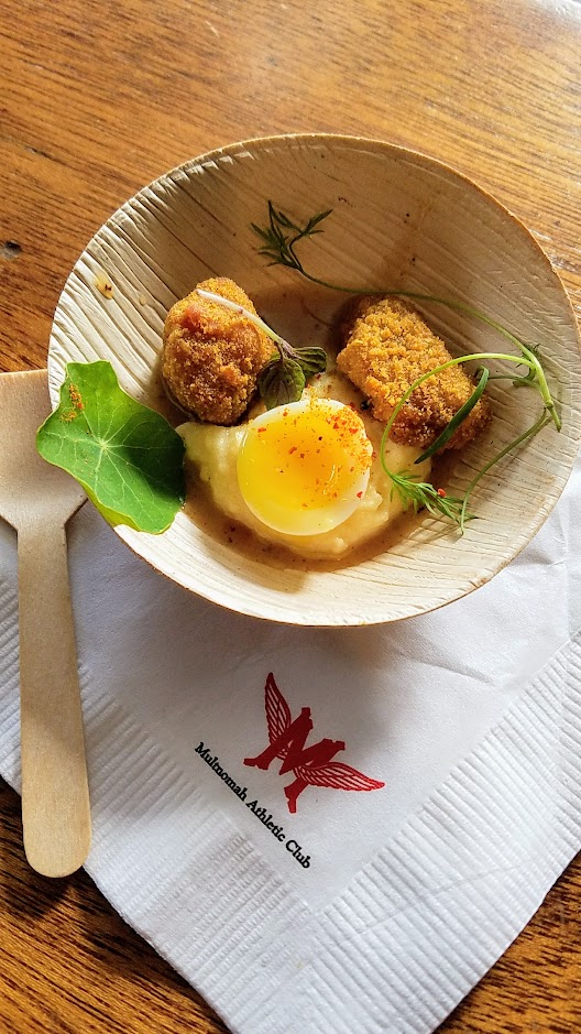 For Nicky USA's 17th Annual Wild About Game, Chef Phil Oswalt of Multnomah Athletic Club, Portland, made Niihau Ranch Wild Hawaiian Antelope Chicken Fried Steak with Miso Whipped Potatoes, Sunny Side Up Quail Egg, and Gravy