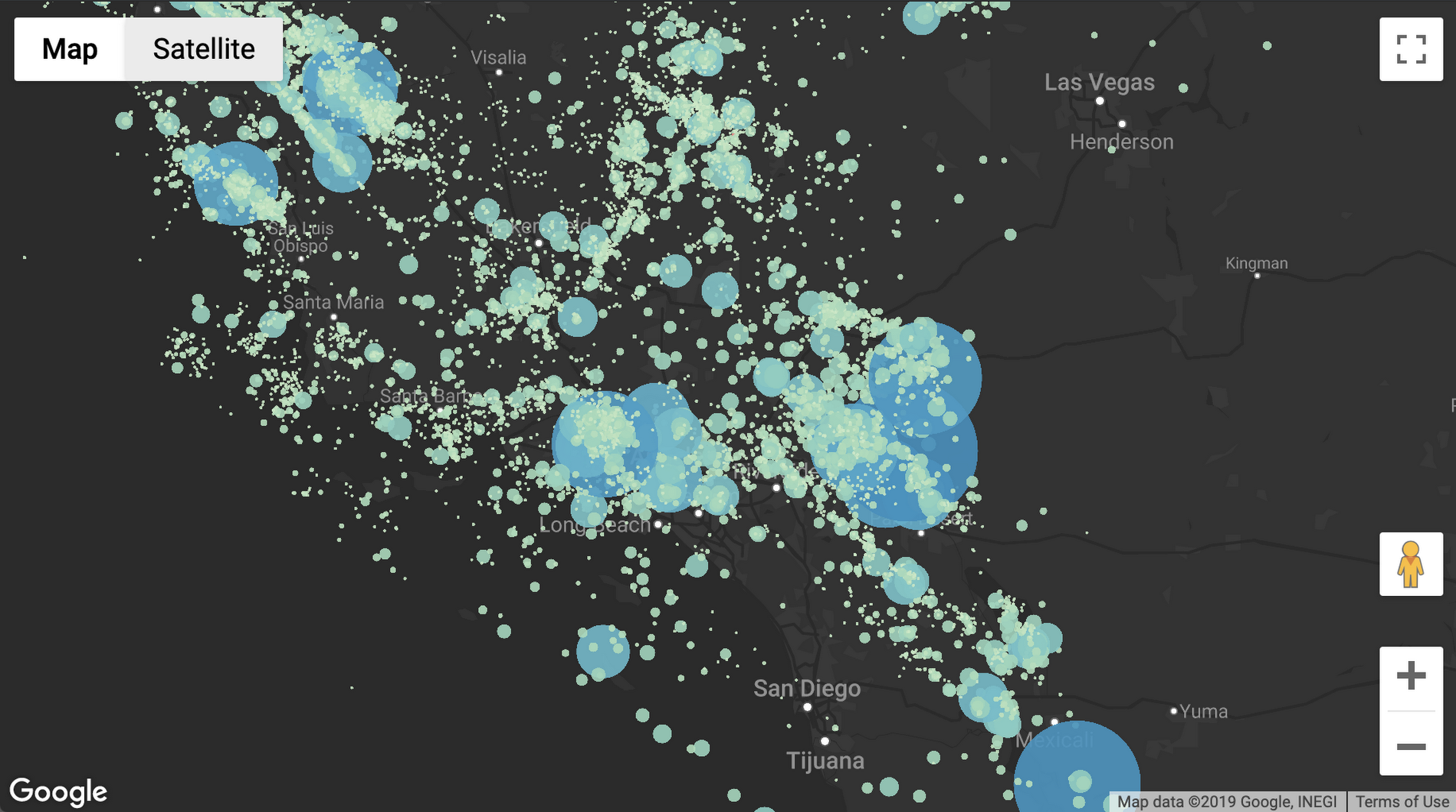 Hundreds of thousands of data points on a map.