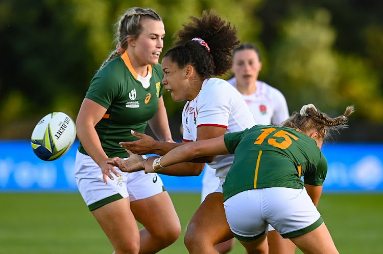 Tatyanna Heard of England in action during the Women's Rugby World Cup group stage match against South Africa at Waitakere Stadium in Auckland, New Zealand on October 23 2022.