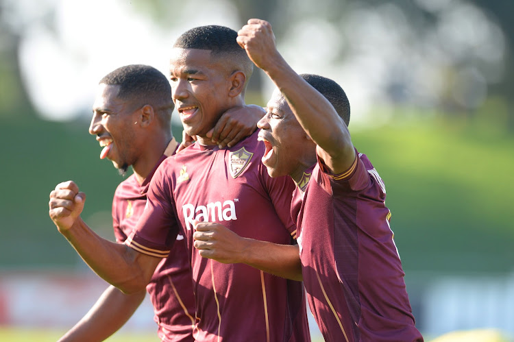 Stellenbosch players celebrate one of their goals against Mamelodi Sundowns at ABSA Tuks Stadium on May 14, 2022 in Pretoria, South Africa.