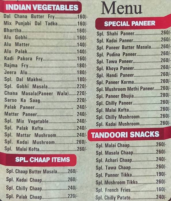 Vaishno Chawla Rasoi menu 