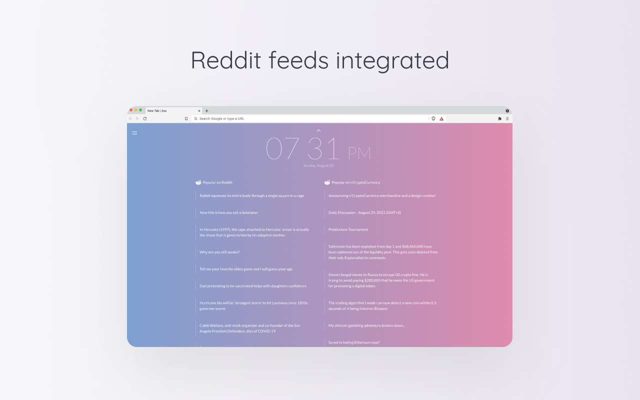 Asa - Minimal New Tab Page with Reddit feeds Preview image 4