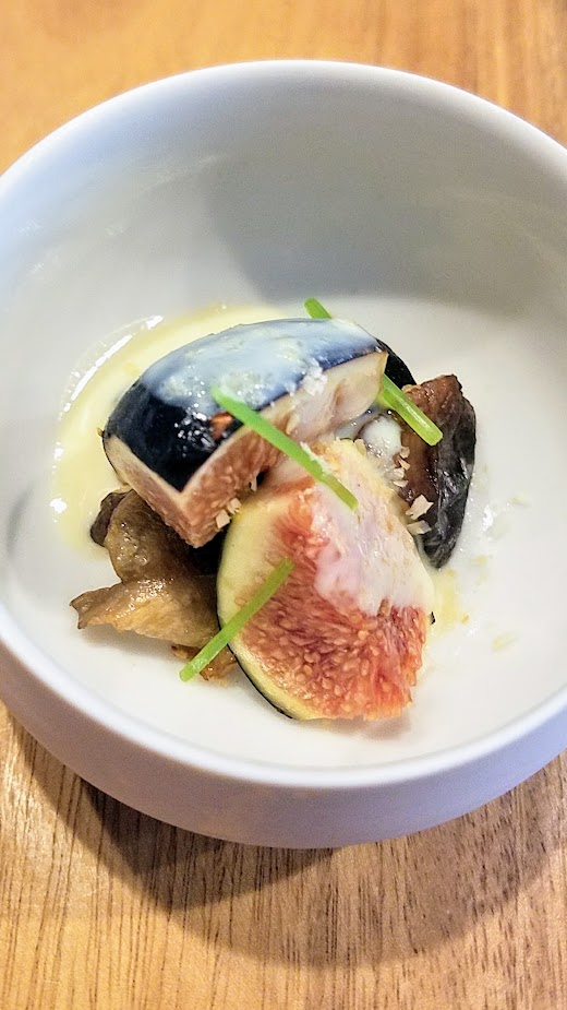 Nodoguro Twin Peaks themed dinner dish of Fig forest, inspired by the forests of the Northwest starring figs, mushroom, soy cream and pine nuts.