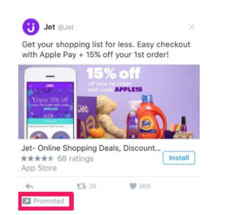 Publicité Twitter sponsorisée par Jet