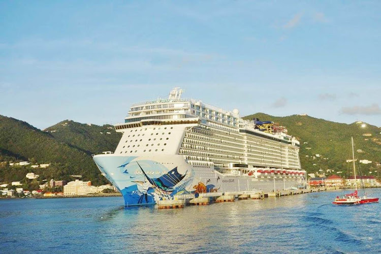 Norwegian Escape at the cruise pier in Tortola, British Virgin Islands. 