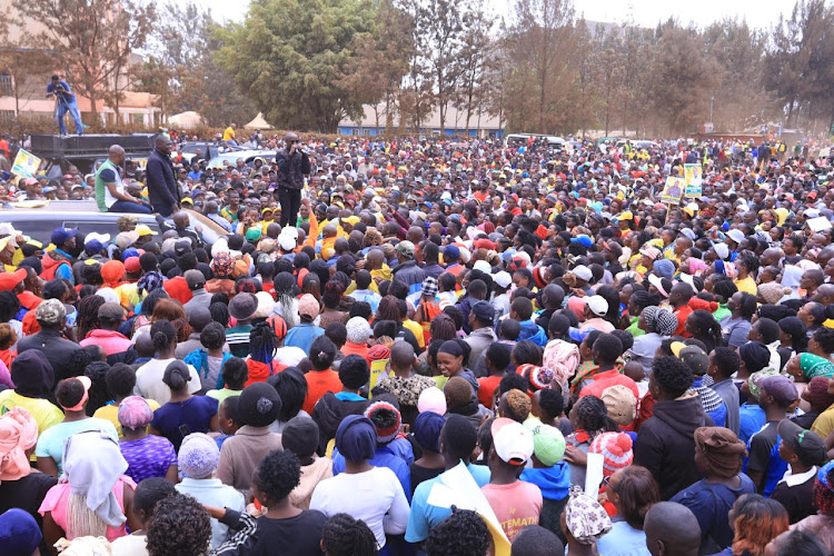 Nairobi UDA governor candidate Johnson Sakaja addressing supporters during a campaign rally on Wednesday, July 27,2022.