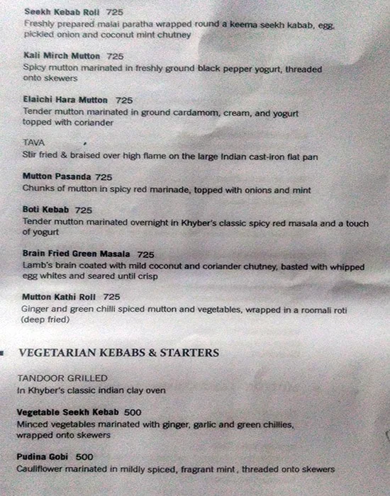 Khyber menu 