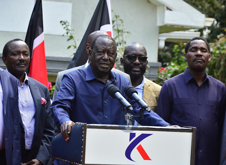 Azimio leader Raila Odinga during a press conference at the SKM Center in Karen Nairobi on March 5, 2024