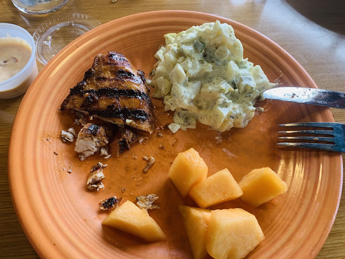 Key West Chicken with fruit and potato salad. I had eaten about 4 small bites of chicken and the grapes before I remembered to take the picture.