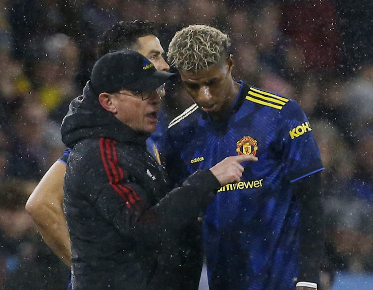 Manchester United interim manager Ralf Rangnick talks to Marcus Rashford