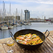 Seafood paella in seaside cafe in Barcelona.