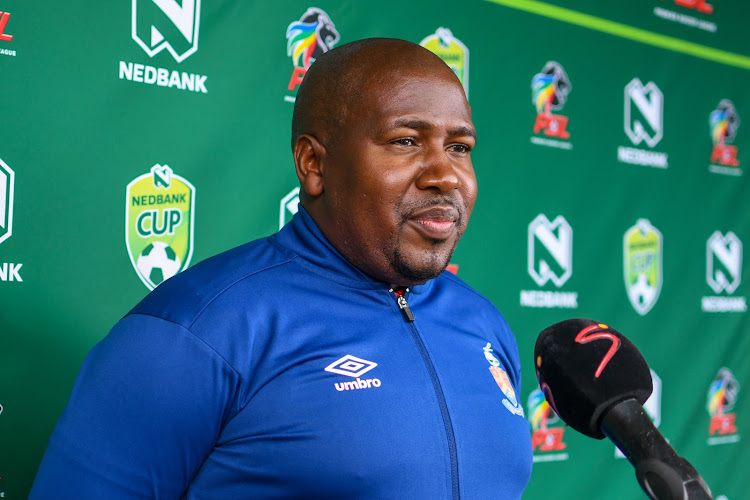 Tlisane Motaung, head coach of University of Pretoria FC during the Nedbank Cup quarterfinal against Royal AM at Chatsworth Stadium on April 10 2022.