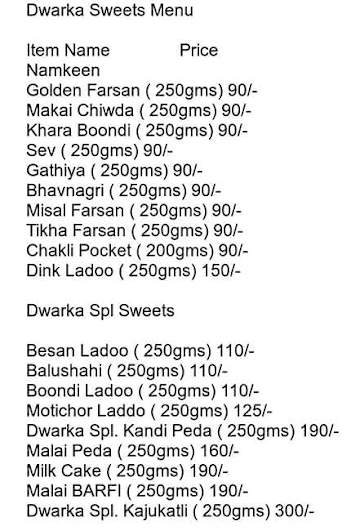 Dwarka Sweets and Snacks menu 