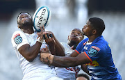 Aphelele Fassi of the Sharks and Warrick Gelant of the Stormers during the United Rugby Championship match at Cape Town Stadium on February 5 2022.