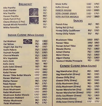 Singh's Vaishno Dhabha menu 