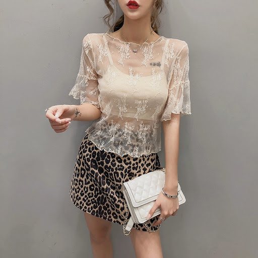 Title 7, Womens Lace Bottoming Shirt Short Sleeve Bell ...