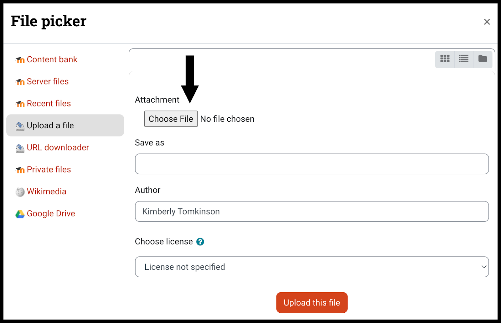 Arrow pointing to Choose a file button; area to drag a file in is below Choose a file button; Import button below area to drag in a file