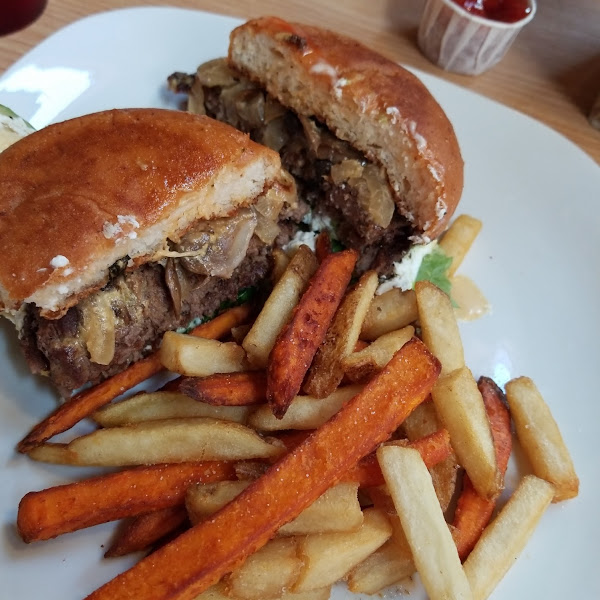 Goat Cheese & Avacado Burger with Sassy Fries