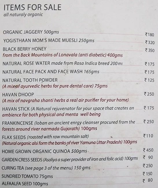 The Yogisthaan Cafe menu 