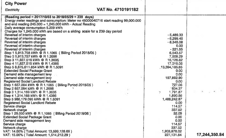 Screenshots of Nico Niemand’s R17-million bill for water and electricity for his property in Brixton, Johannesburg.