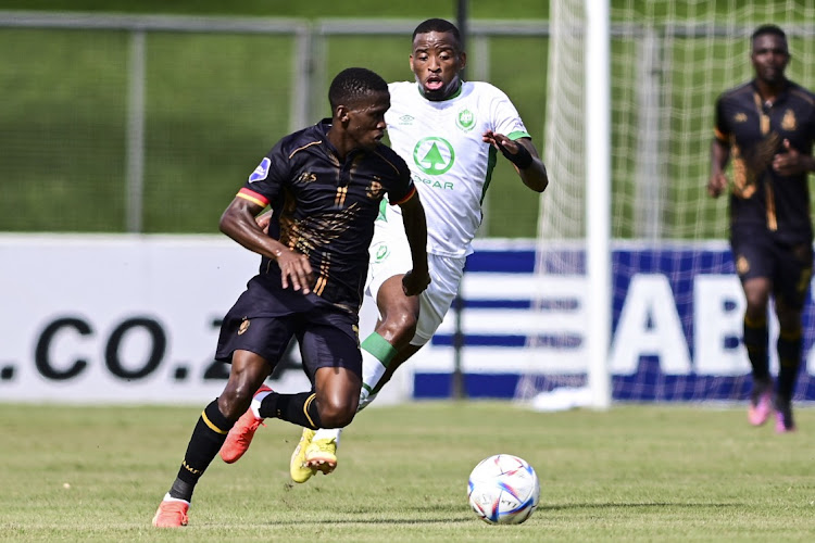 Kabelo Mahlasela of Royal AM and Mbongeni Gumede of AmaZulu FC during the DStv Premiership match between Royal AM and AmaZulu FC at Chatsworth Stadium on January 08, 2023 in Durban, South Africa.