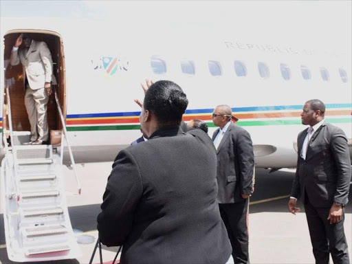 Foreign Affairs CS Monica Juma bids farewell to Namibian President Hage Geingob at JKIA on Monday, October 22, 2018. /COURTESY