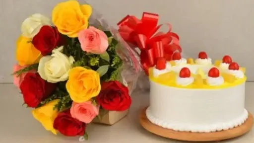 Pineapple Cake And 10 Rose Bunch