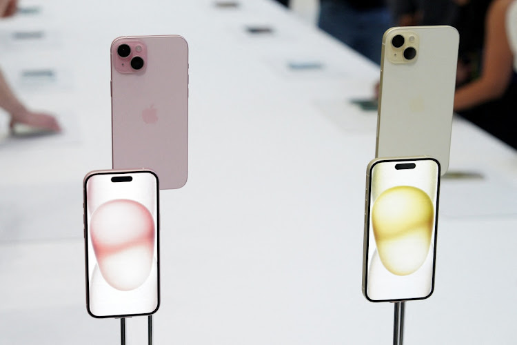 New iPhone 15 and iPhone 15 Plus are displayed during the 'Wonderlust' event at the company's headquarters in Cupertino, California, U.S. September 12, 2023.