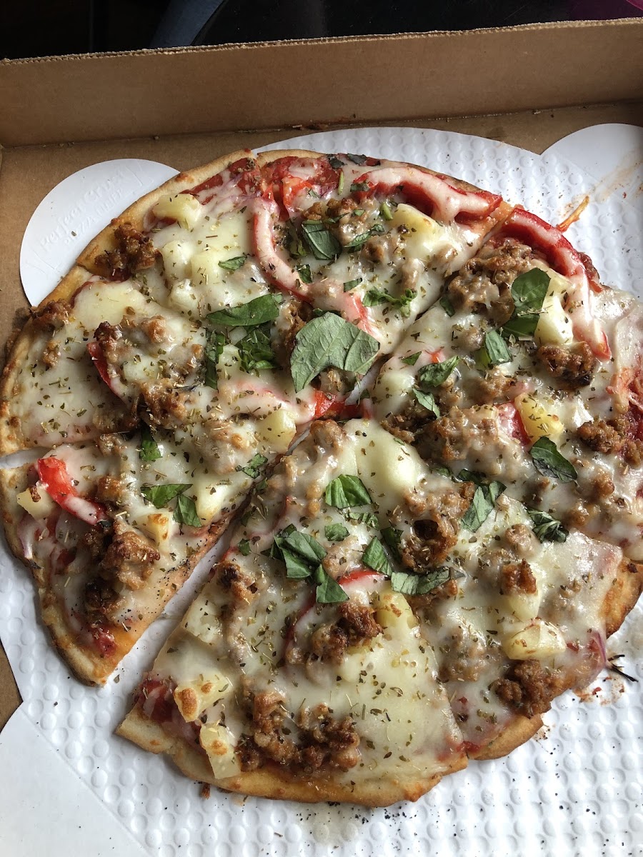 Sausage, pineapple, red onion, and red bell pepper.