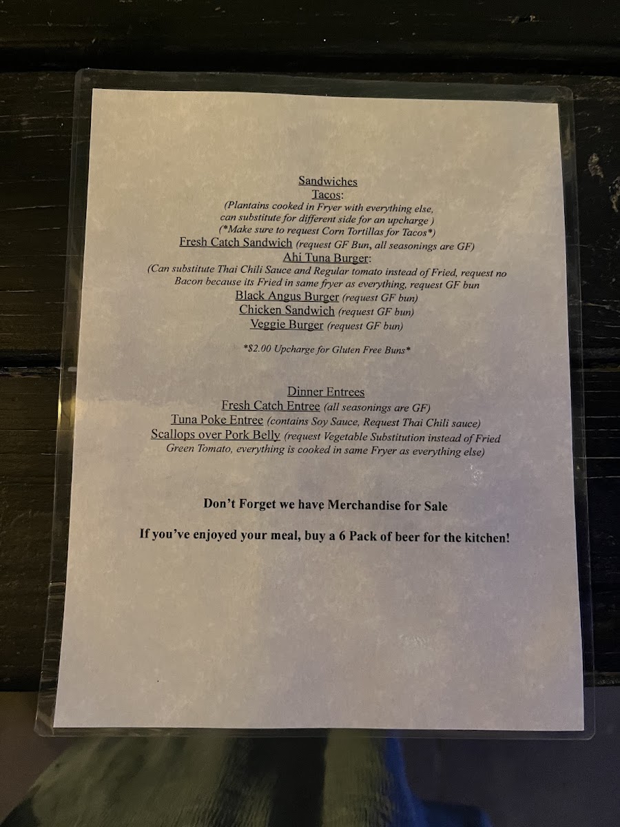 "Off The Hook" Grill gluten-free menu