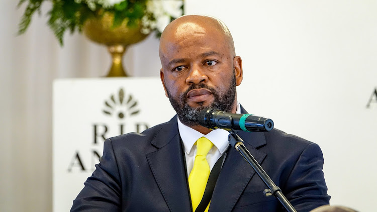 Mamelodi Sundowns head coach Manqoba Mngqithi speaking at the official funeral for former Bafana Bafana defender Anele Ngcongca.