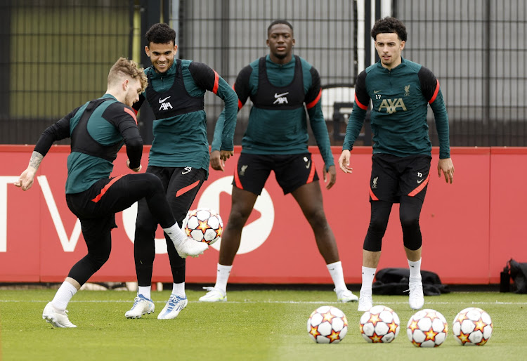 Liverpool's Harvey Elliott, Luis Diaz, Ibrahima Konate and Curtis Jones during training