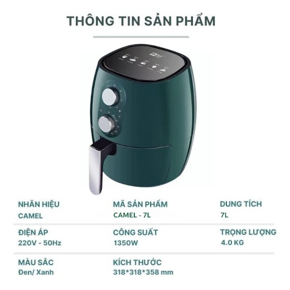 Nồi Chiên Không Dầu, Lò Chiên Không Dầu Camel 12 Lít/ 10 Lít/ 7 Lít Dung Tích Lớn Vân Phương Shop - Hàng Chính Hãng