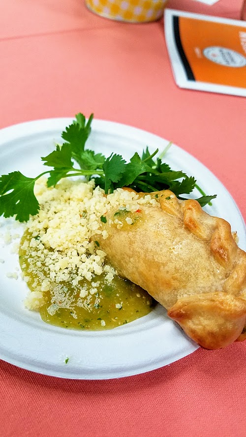 California Artisan Cheese Festival Best Bite Competition for 2018, Bay Laurel Catering served up Schoch Family Monterey Farmstead Jack Cheese in a Potato and Cheese Empanada with charred scallions and tomato confit with fermented chile and tomatillo salsa