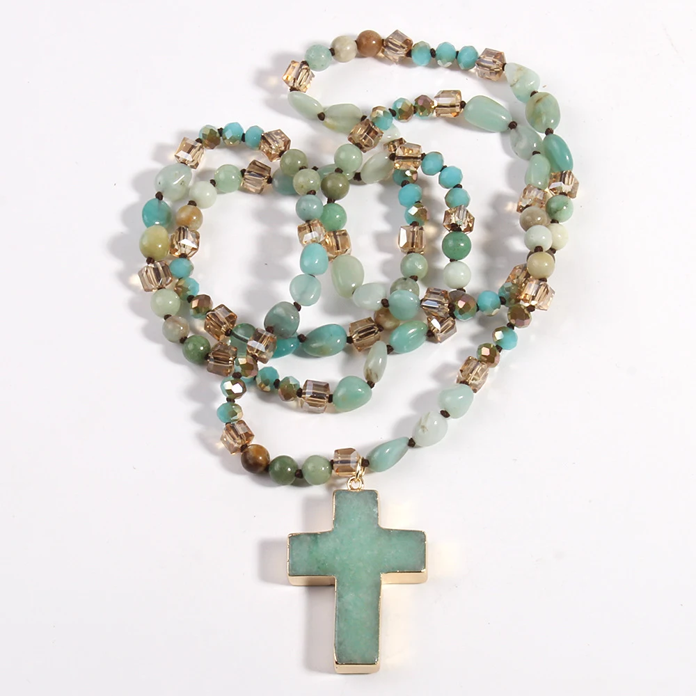 Title 3, Boho-Stil Halskette mit Kreuz, Naturstein und G...