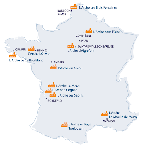 carte ESAT de L'Arche en France Etablissements Spécialisés d'Aide par le Travail