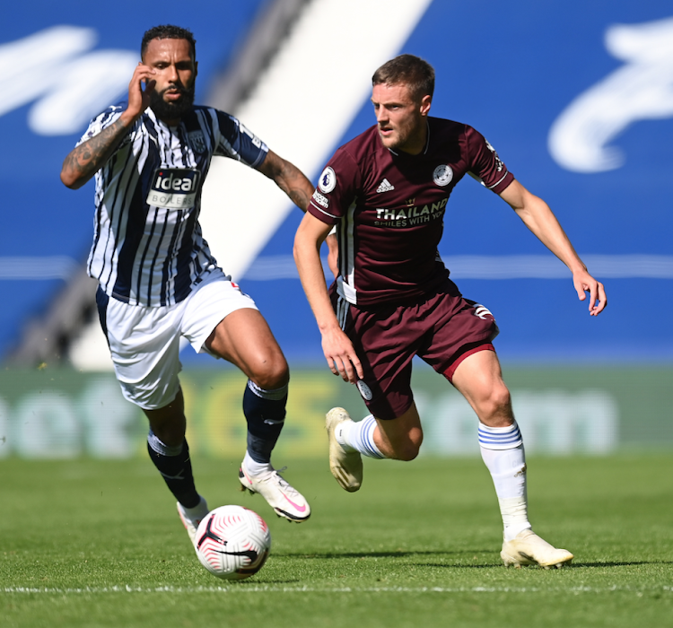 Leicester City's Jamie Vardy in action with West Brom's Kyle Bartley