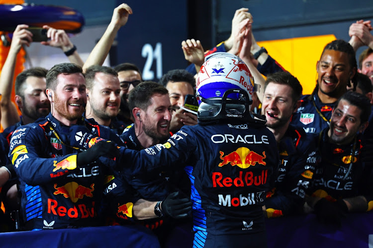 Race-winner Max Verstappen of the Netherlands and Oracle Red Bull Racing celebrates in Jeddah on Saturday.