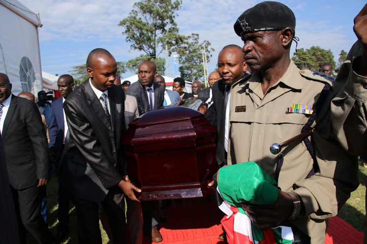 Pall bearers carrying the casket bearing the remains of the late Governor Dr. Joyce Laboso Abonyo on August 2, 2019.