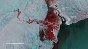 The extent of flooding, depicted in red, around the port city of Beira, Mozambique, on March 19 2019.