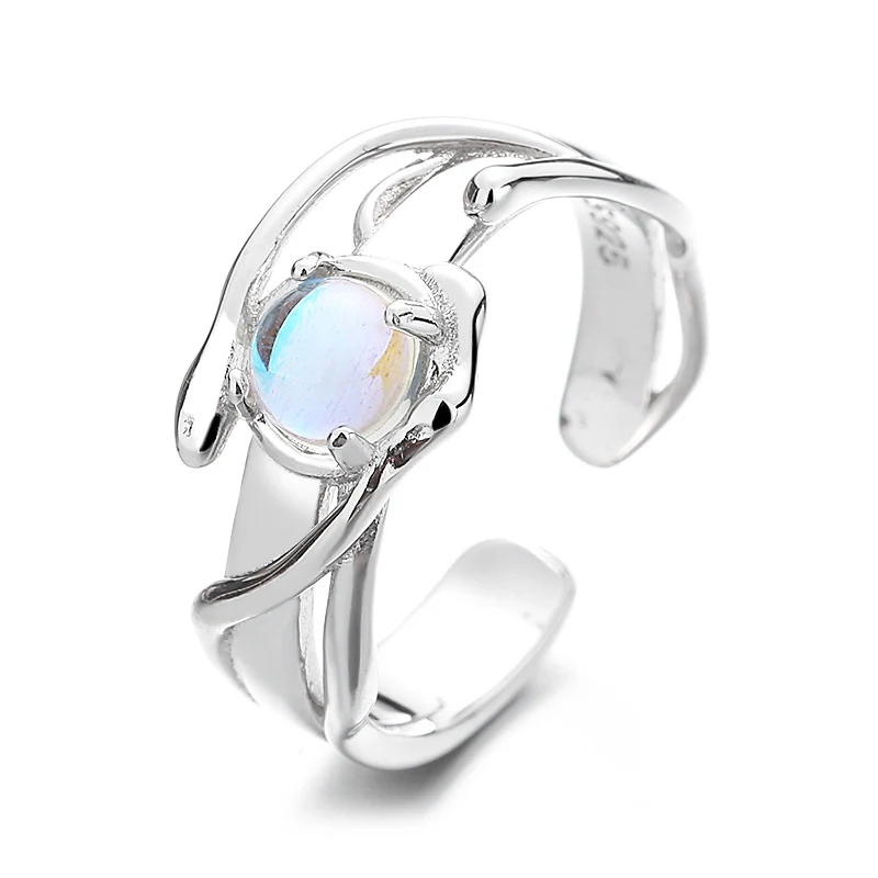 Dames Ring van Sterling Zilver met Blauwe Maansteen, een Eenvoudige en Onregelmatige Vorm - Stijlvol en Uniek