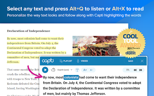 Select any text and press Alt+Q listen Alt+X read Personalize along highlighting Declaration Independence independence digést Independence. independence defeated Continental Congress Declaration Independence. committee mainly Thomas Jefferson. 