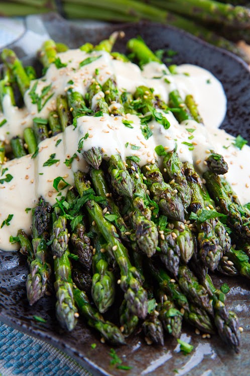 Grilled Asparagus in Lemon Maple Tahini with Tomatoes and Cucumbers