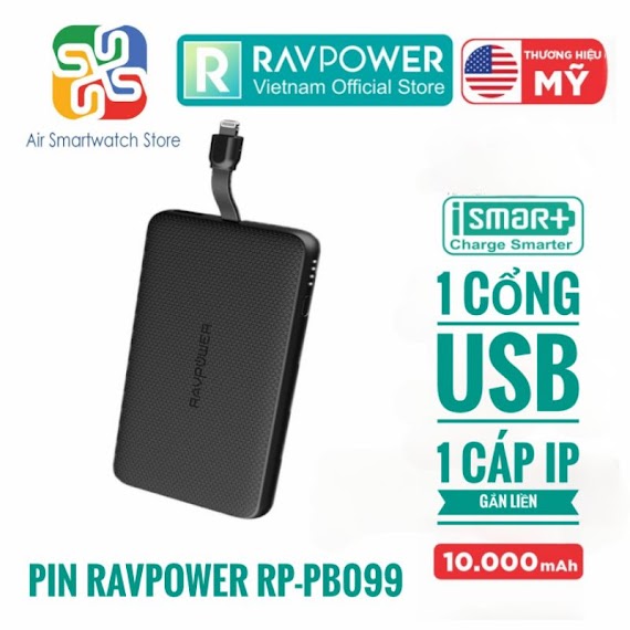 Pin Dự Phòng Ravpower 10000Mah Rp - Pb099 Tích Hợp Cáp