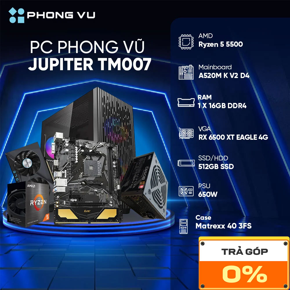 PC PV Gaming Jupiter TM007 (AMD Ryzen 5 5500/ Radeon RX 6500 XT/ 1 x 16GB/ 512GB SSD/ Free DOS)
